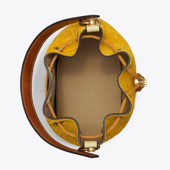 NEW! Tory Burch T-Monogram SUEDE EMBOSSED Bucket -large Claret (Deep Sunflower) - Picture 15 of 15